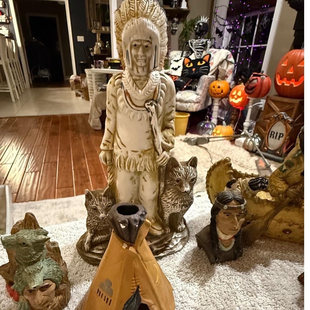 Vintage Style Indigenous Resin Figurine Set Chief Wolf Eagle Canoe Teepee 9pc